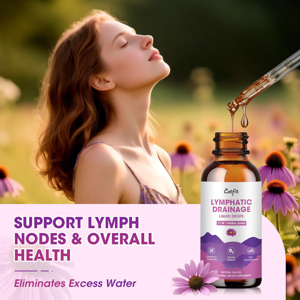 Glass bottle of Catfit Lymphatic Drainage Drops on a clean surface.