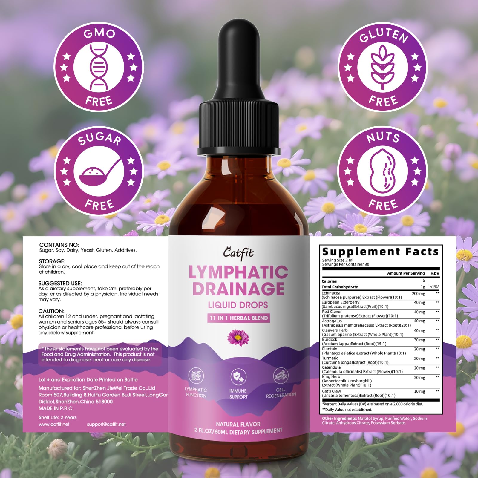 Bright, natural lighting on Catfit drops emphasizing gentle detox support.