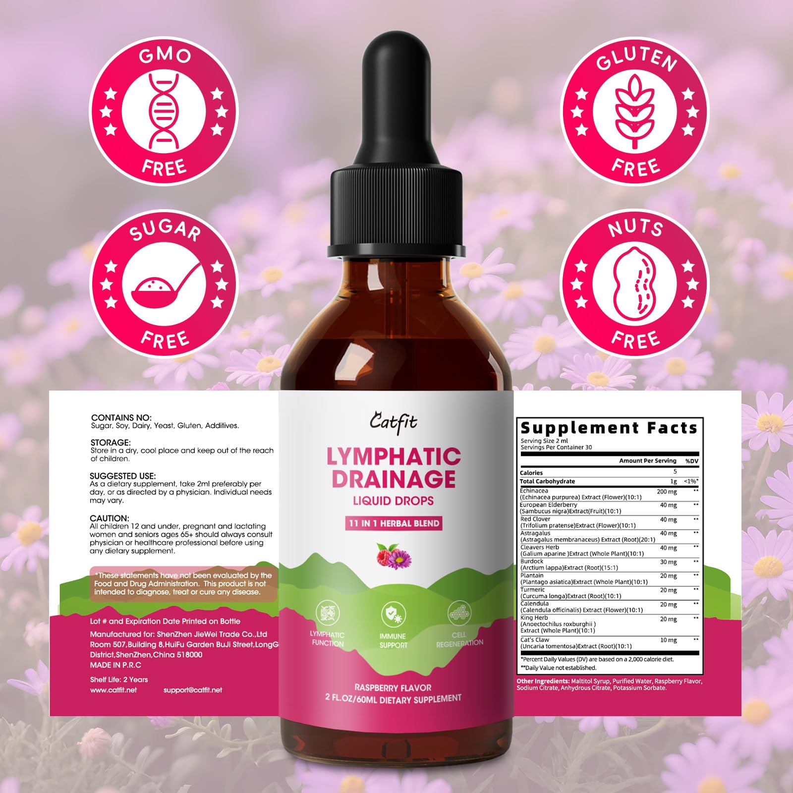 Catfit Lymphatic Drainage Drops raspberry flavor bottle with measure