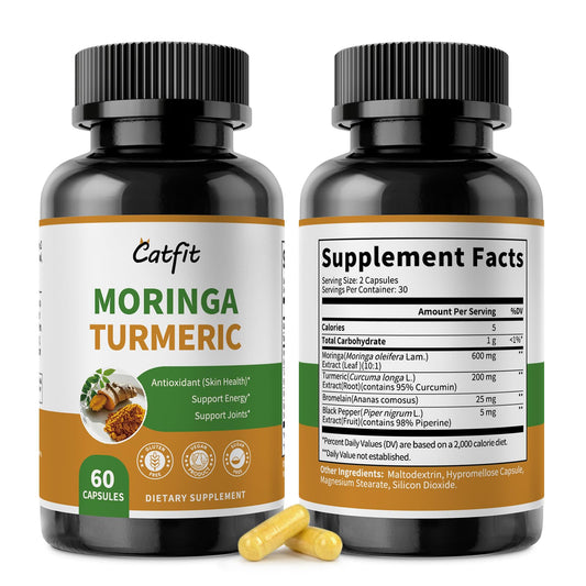 Catfit Moringa capsules 10-in-1 pack on bottle label for daily nourishment.