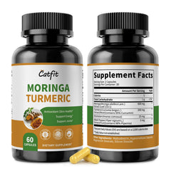 Catfit Moringa capsules 10-in-1 pack on bottle label for daily nourishment.