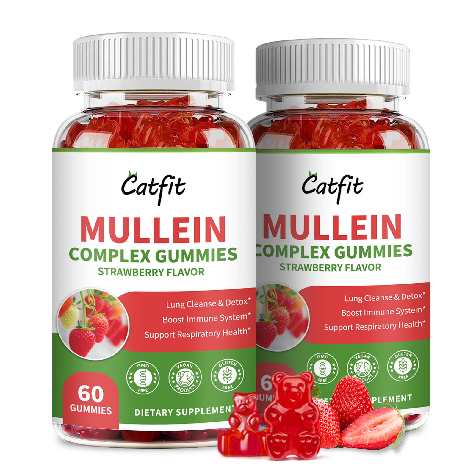 Catfit Mullein Gummies bottle close-up highlighting strawberry flavor and lung support.