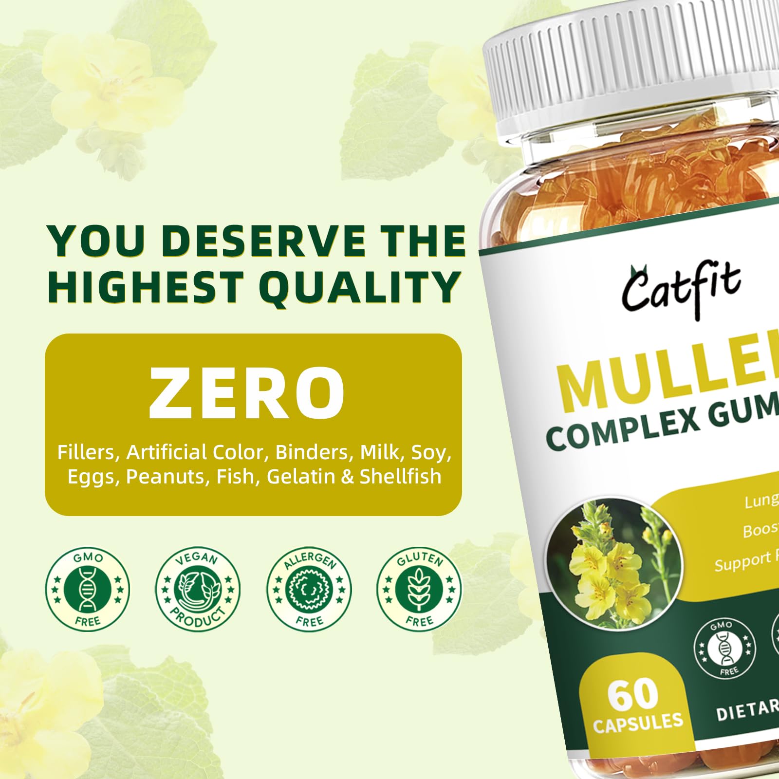 Catfit Mullein Gummies glass jar on shelf ready for daily use.