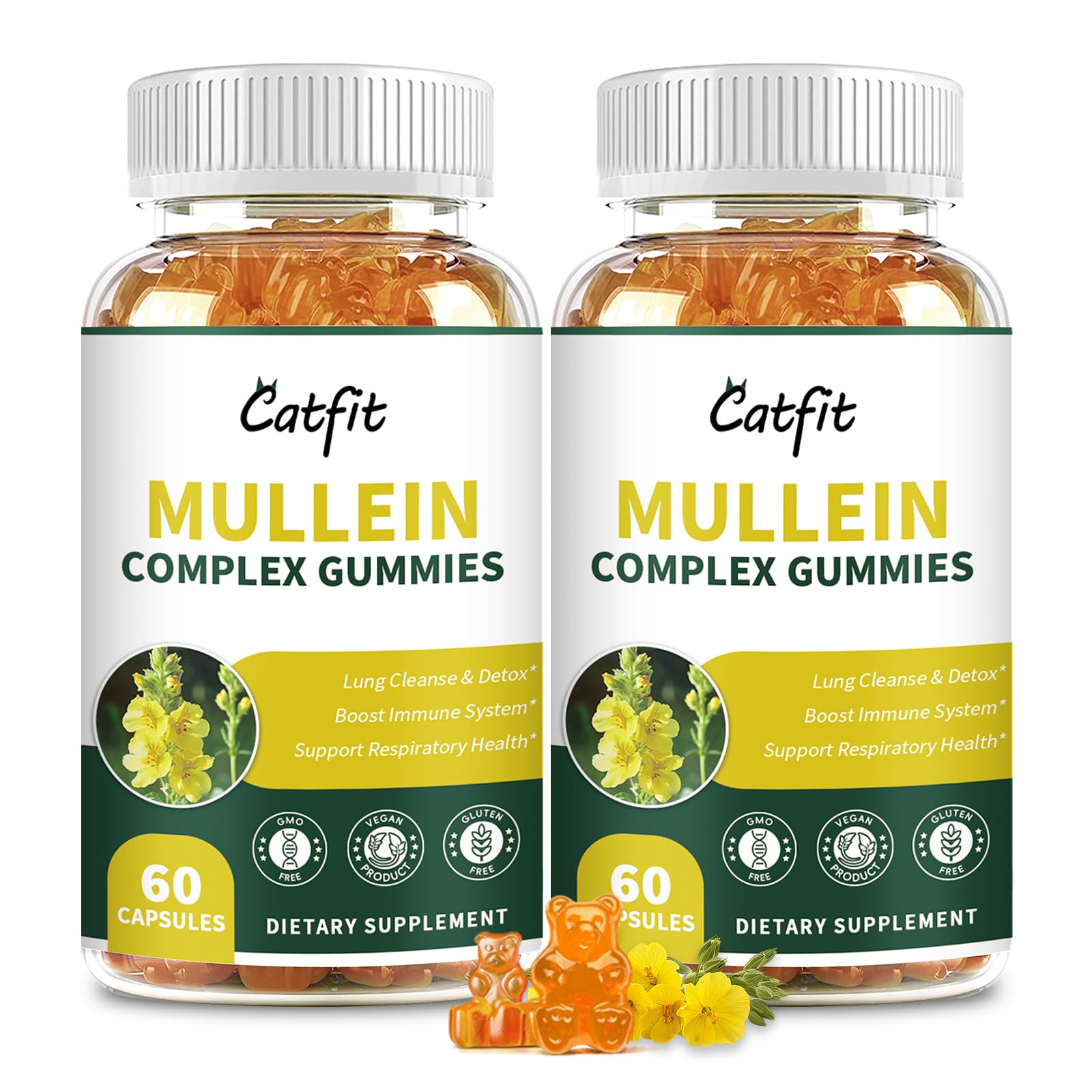 Catfit Mullein Gummies pineapple bottle showcases packaging for easy daily lung support.