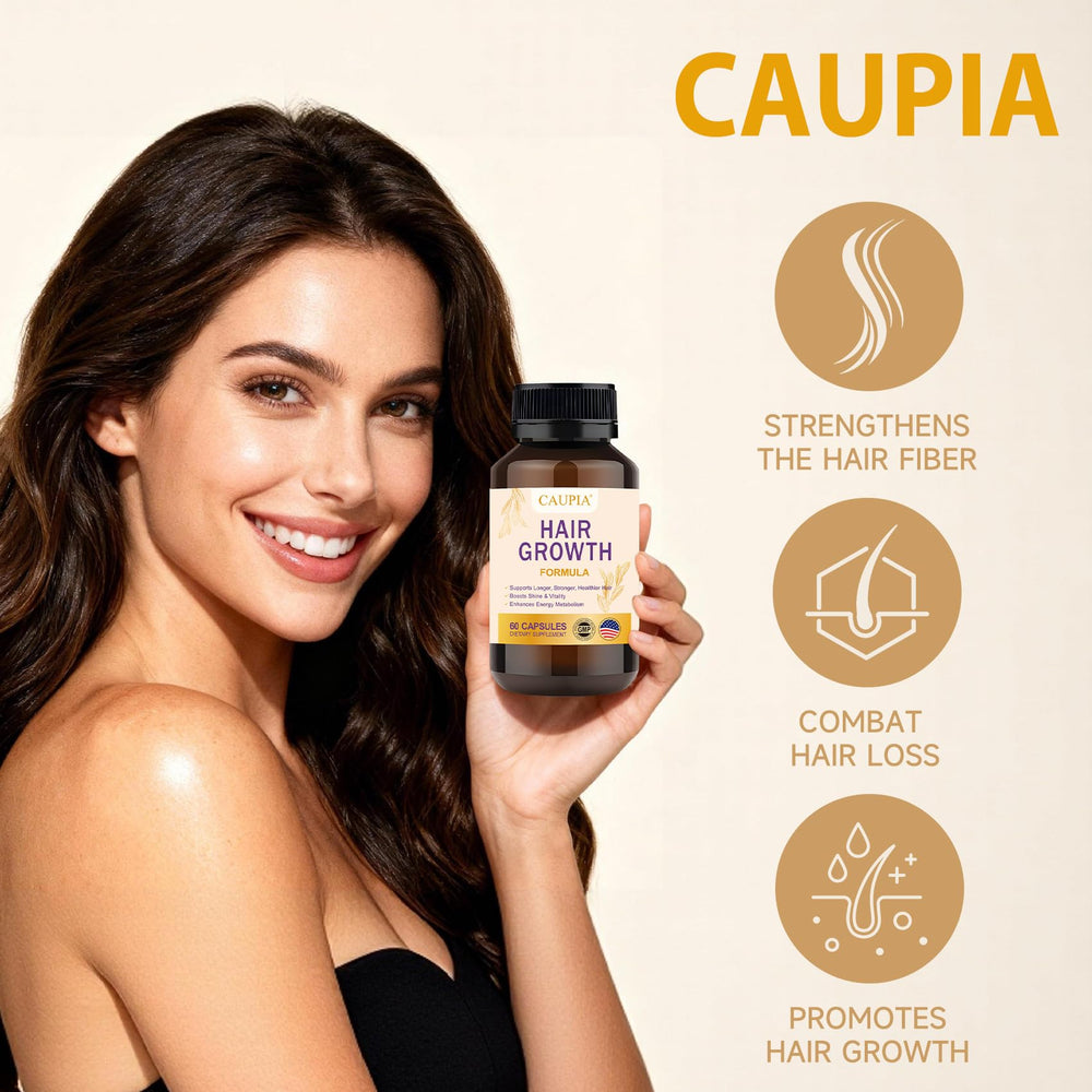 CAUPIA Hair Energy bottle label emphasizing clean, GMP-inspired care.