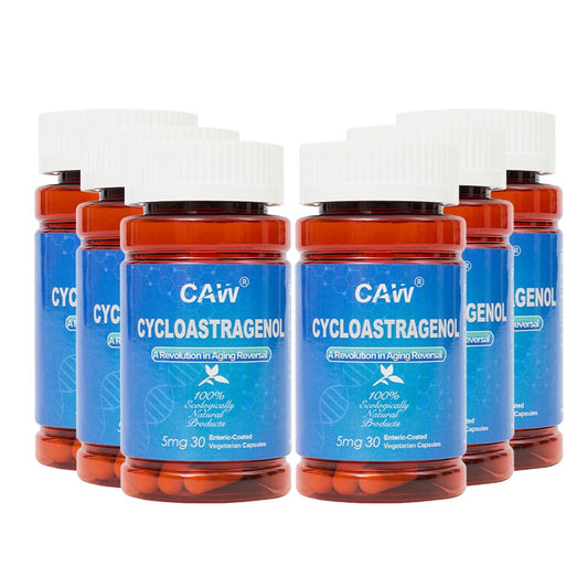 CAW Hypersorption Cycloastragenol 5mg bottle with enteric-coated capsules for improved delivery in daily routines.