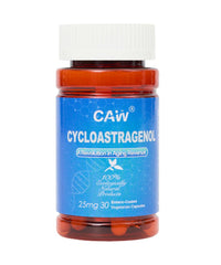 CAW Hypersorption Cycloastragenol bottle with enteric-coated capsules for targeted absorption.