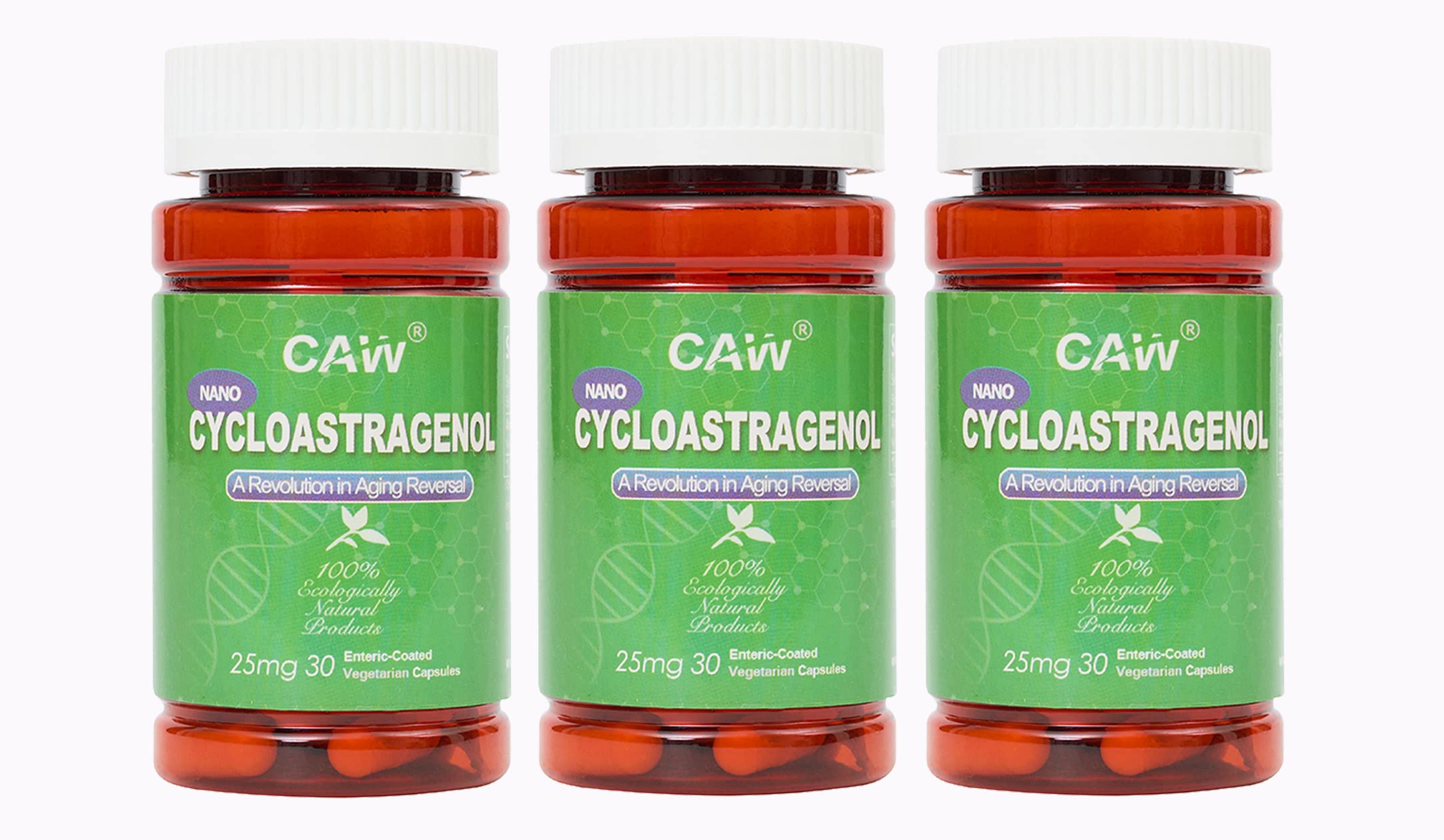 CAW Nano Cycloastragenol bottle shows enteric-coated capsules for enhanced absorption.