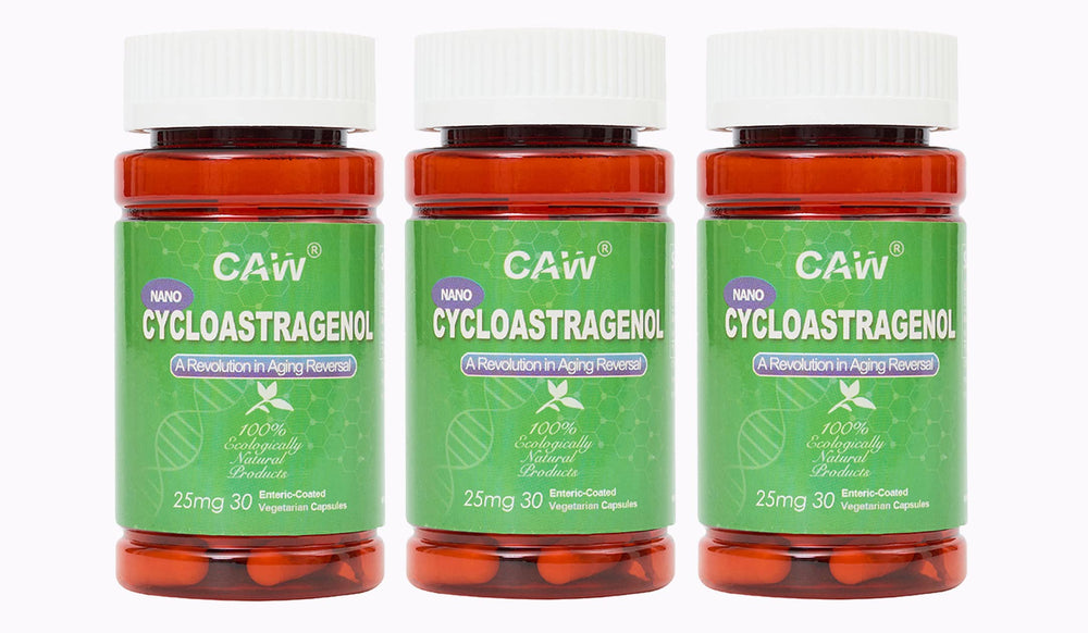 CAW Nano Cycloastragenol bottle shows enteric-coated capsules for enhanced absorption.