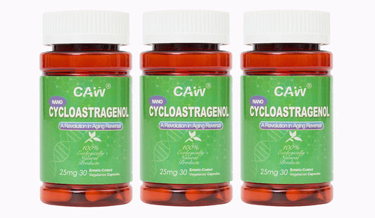 CAW Nano Cycloastragenol bottle shows enteric-coated capsules for enhanced absorption.