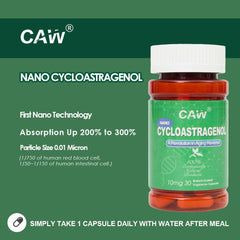 CAW Nano Cycloastragenol capsules close-up shows small particle size for absorption