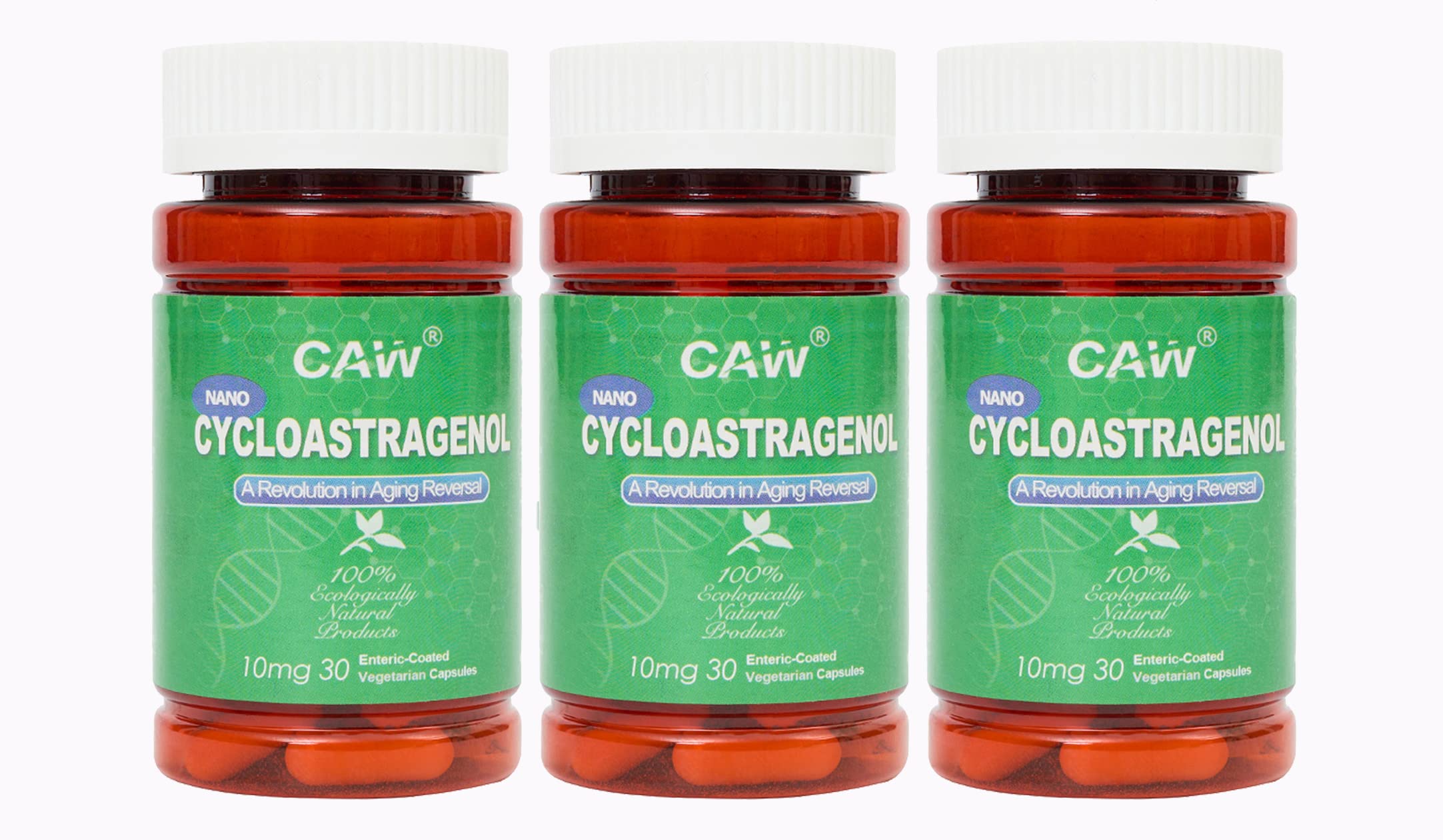 CAW Nano Cycloastragenol enteric-coated capsules shown for improved digestion and absorption