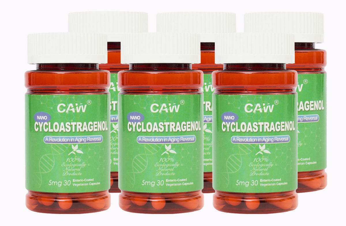 CAW Nano Cycloastragenol enteric-coated capsules protect contents for targeted absorption.