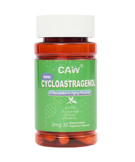CAW Telomere Supplement bottle for daily use and potential cellular support.