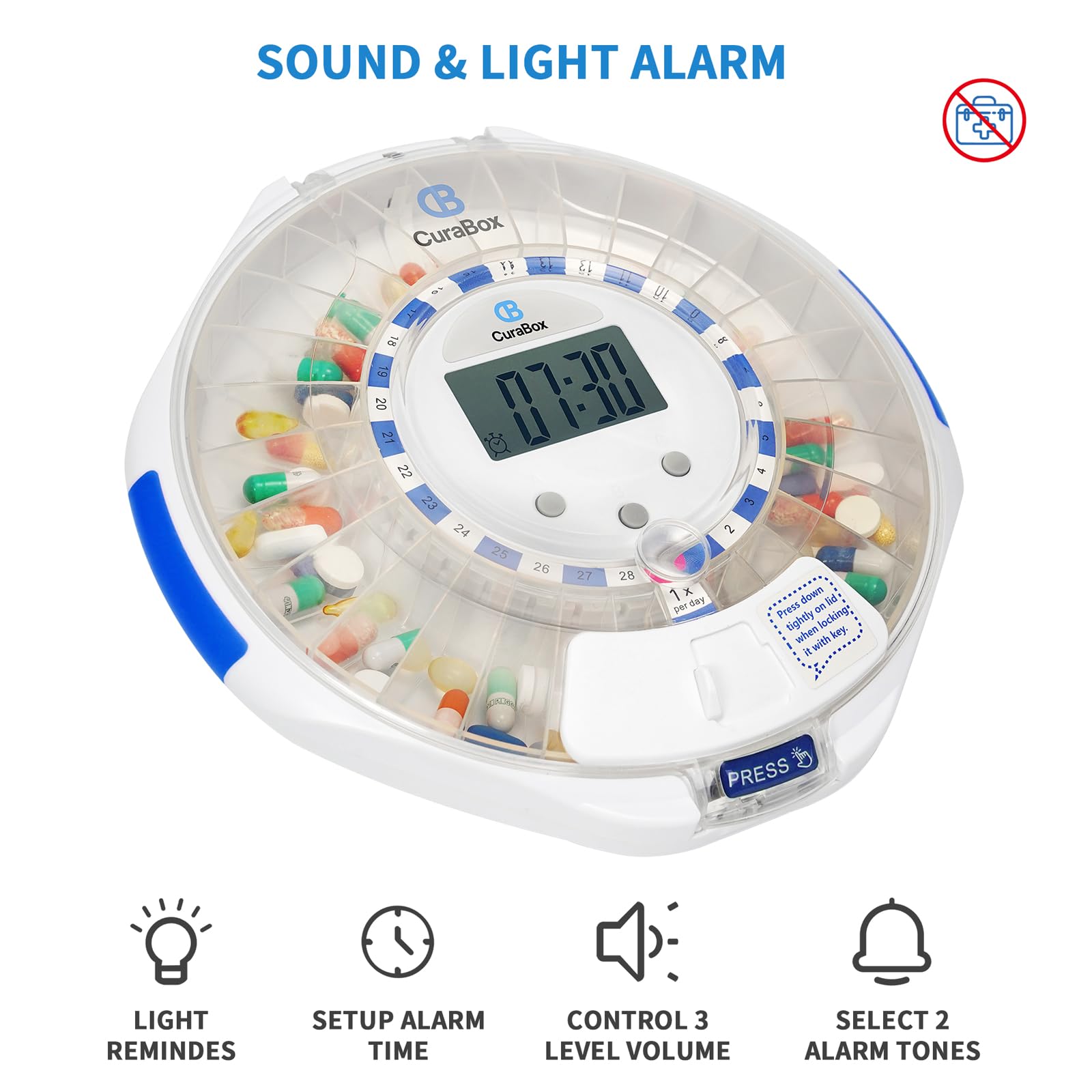 CB CURABOX 28-day pill organizer helps plan a monthly medication routine.