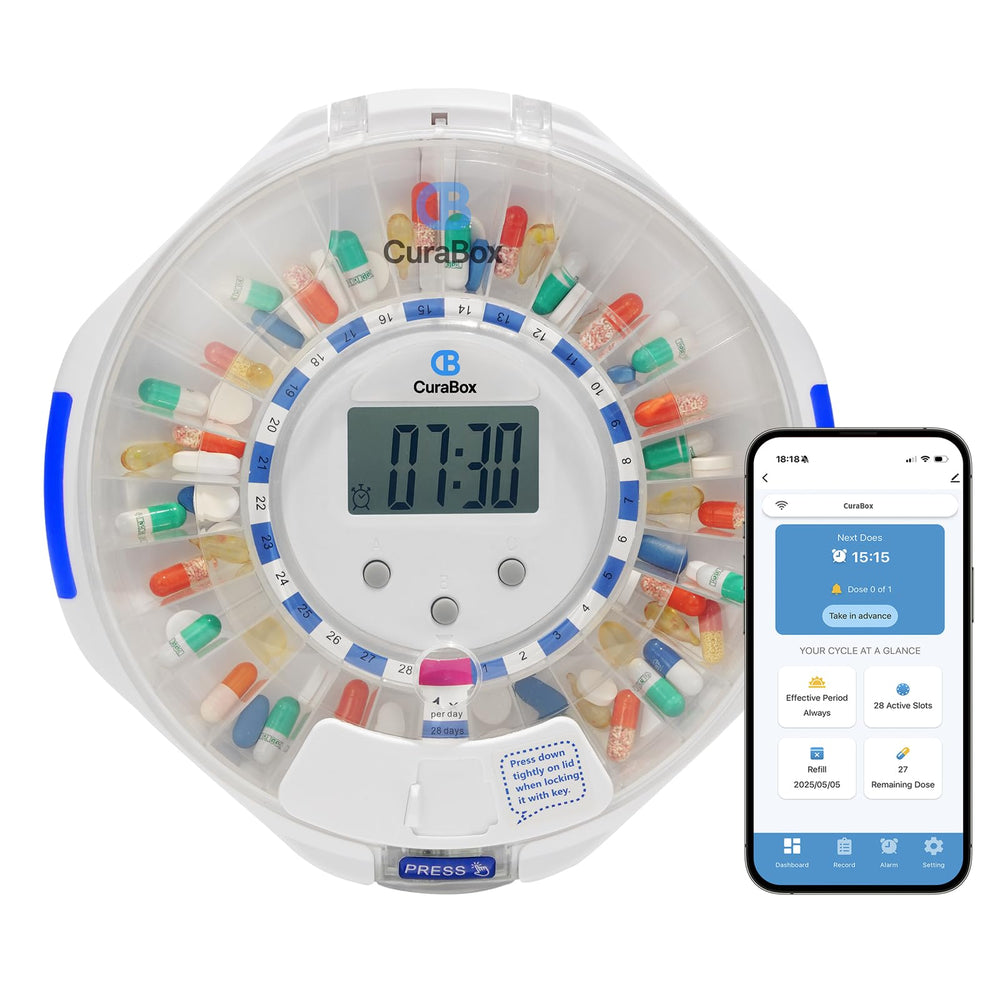 CB CURABOX Automatic Pill Dispenser with display shows time for on-time dosing.