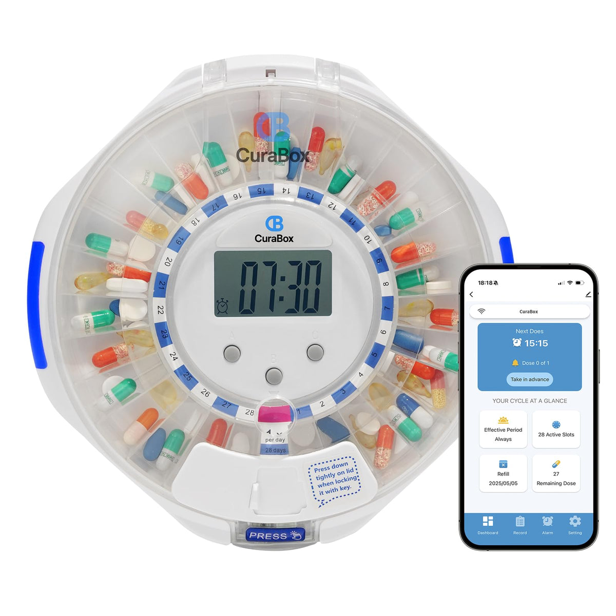 CB CURABOX Automatic Pill Dispenser with display shows time for on-time dosing.