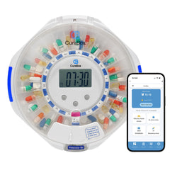CB CURABOX Automatic Pill Dispenser with display shows time for on-time dosing.