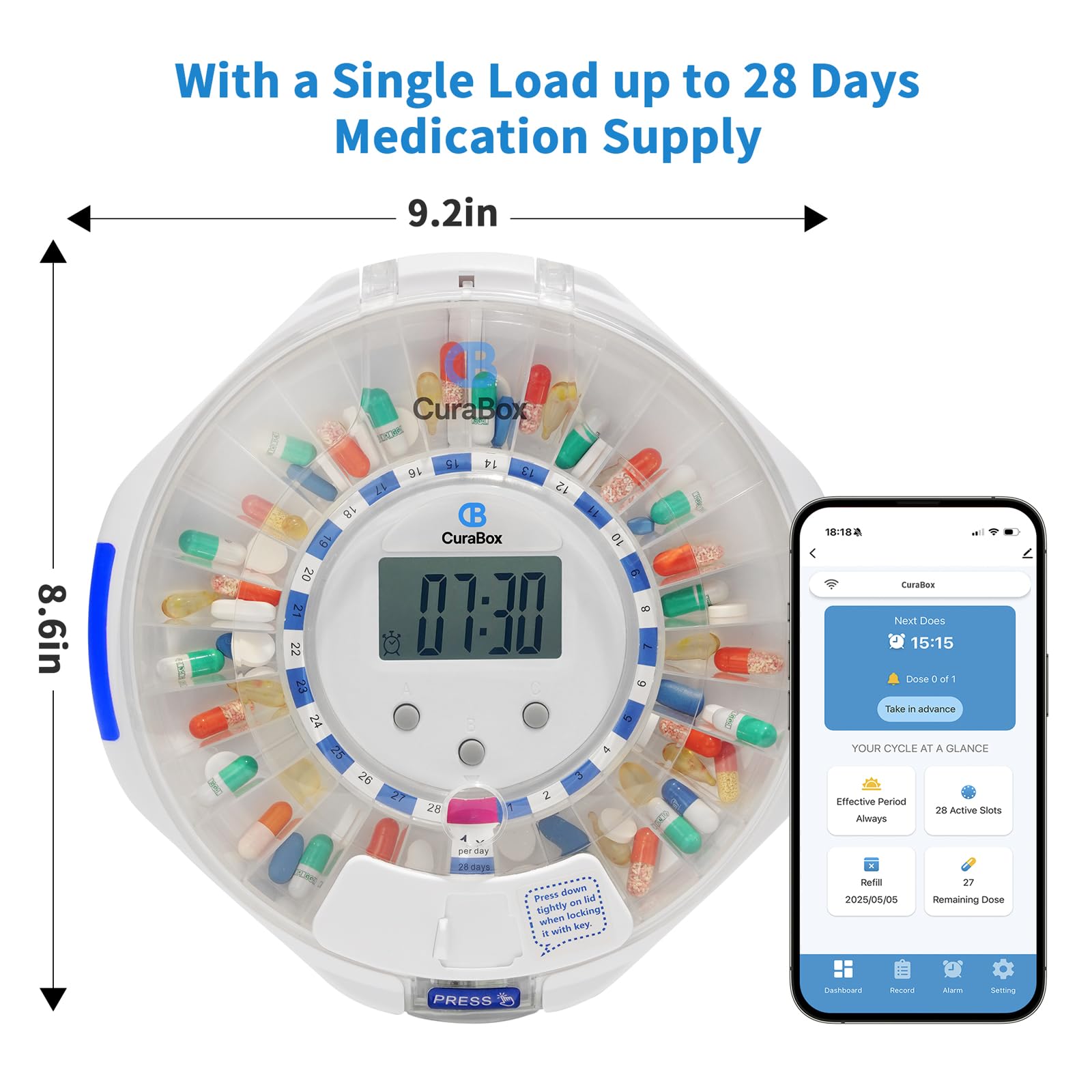 CB CURABOX Smart App notifications assist caregivers in monitoring medication plans remotely.