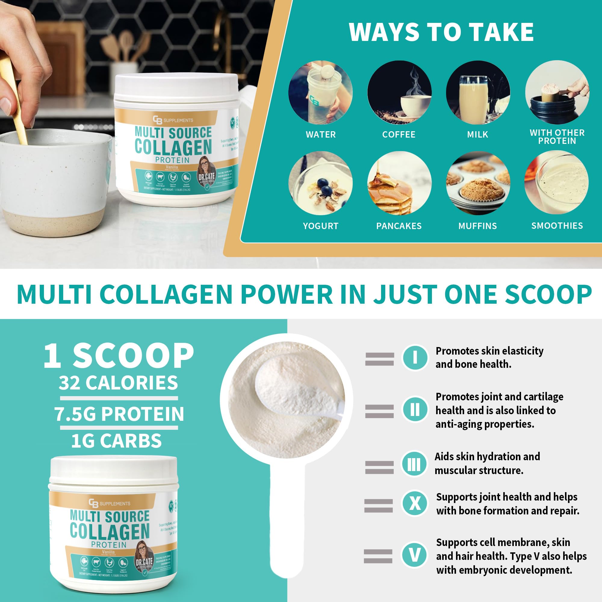 CB Supplements Multi Collagen Vanilla powder scoop highlighting easy measurement.