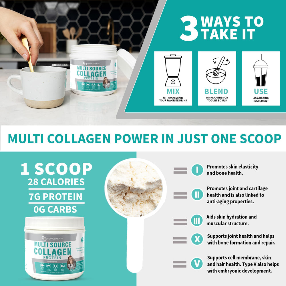 CB Supplements Multi Collagen may promote hair, nails and skin elasticity.