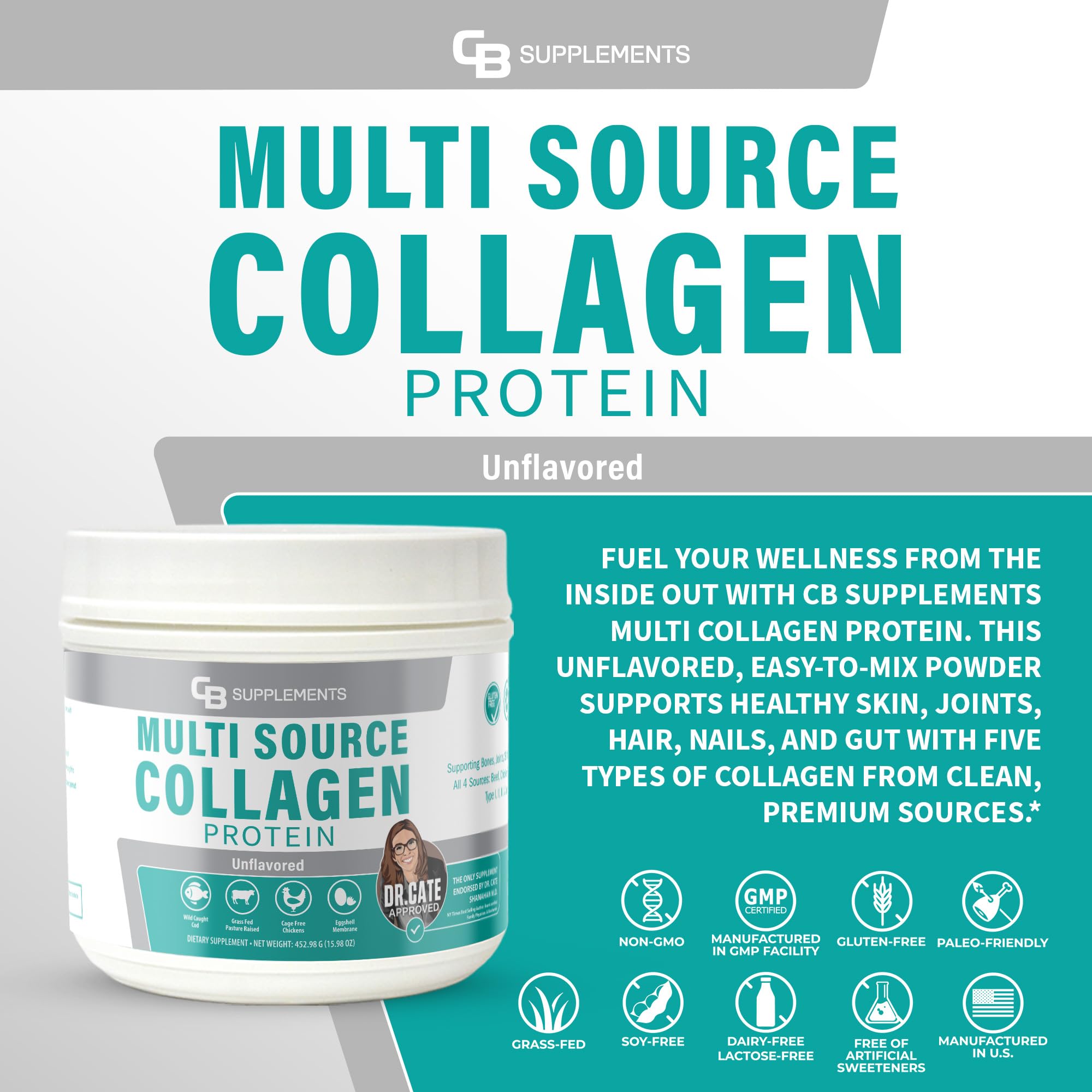 CB Supplements Multi Collagen Types I–X blend supports joints and skin.