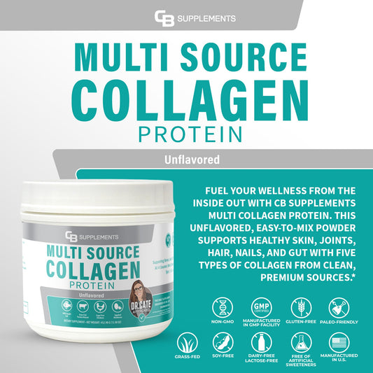CB Supplements Multi Collagen Types I–X blend supports joints and skin.