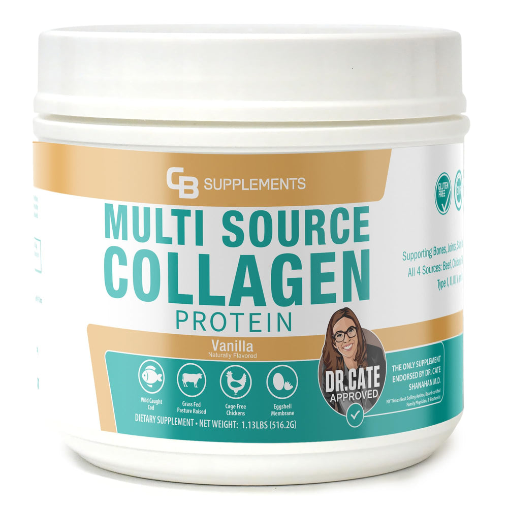 CB Supplements Multi Collagen Vanilla powder jar ready for daily use, showcasing convenient packaging.