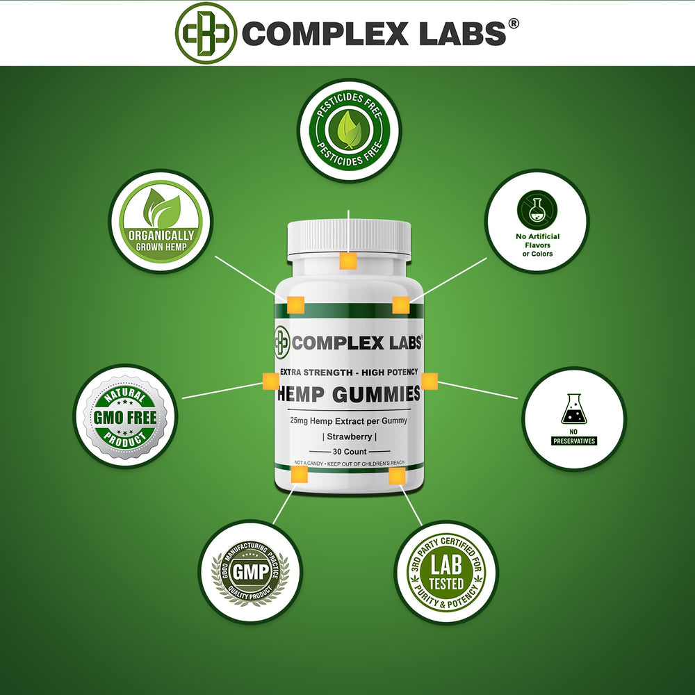 Cbdcomplex Labs Hemp Gummies packaging box emphasizes vegan and gluten-free features.