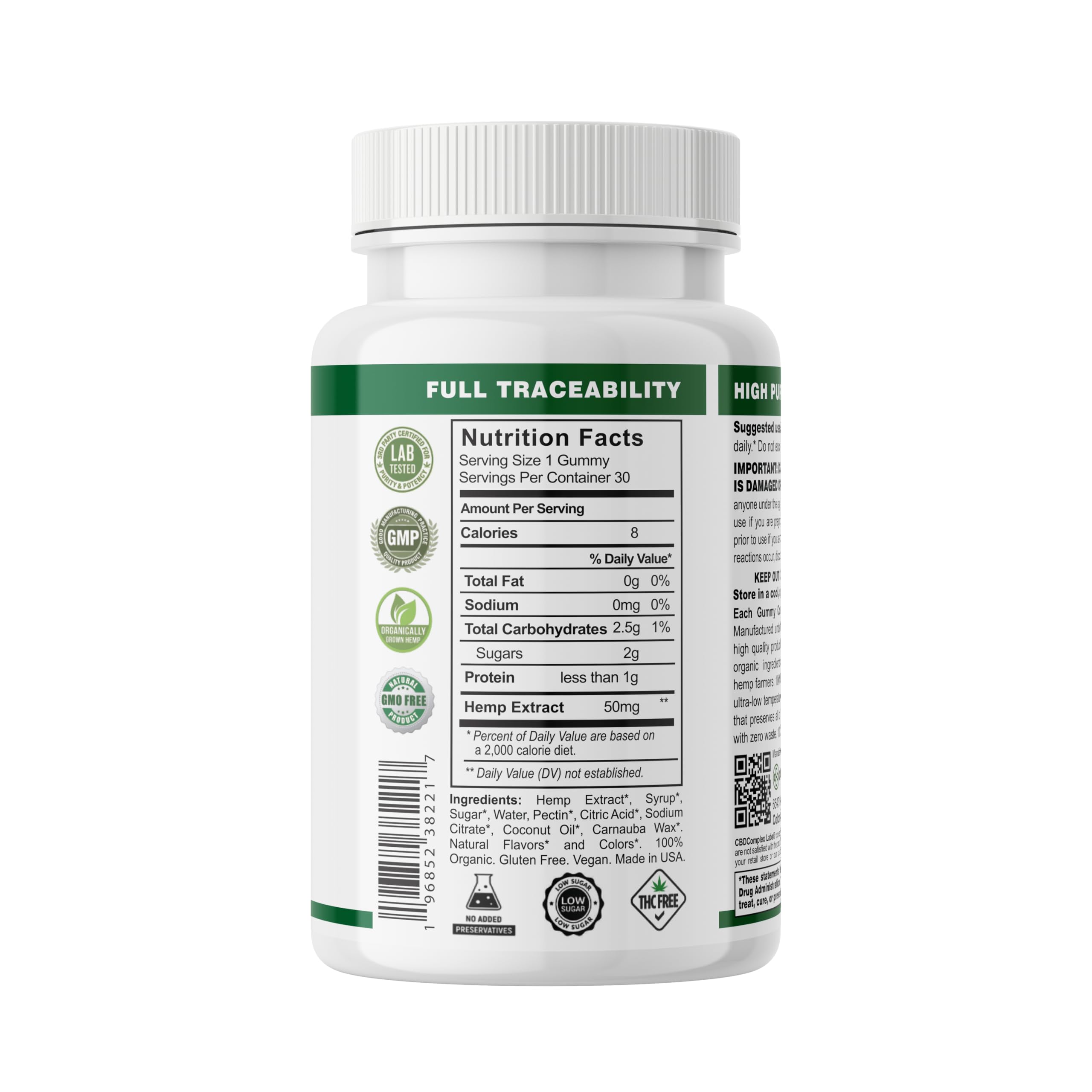 Cbdcomplex Labs Hemp Gummies vegan gluten-free badge communicates clean ingredient standards.