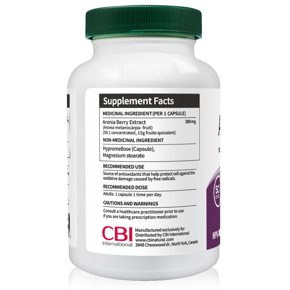 CBI Natural Aronia capsules close-up highlighting vegan, non-GMO formula for immune support.