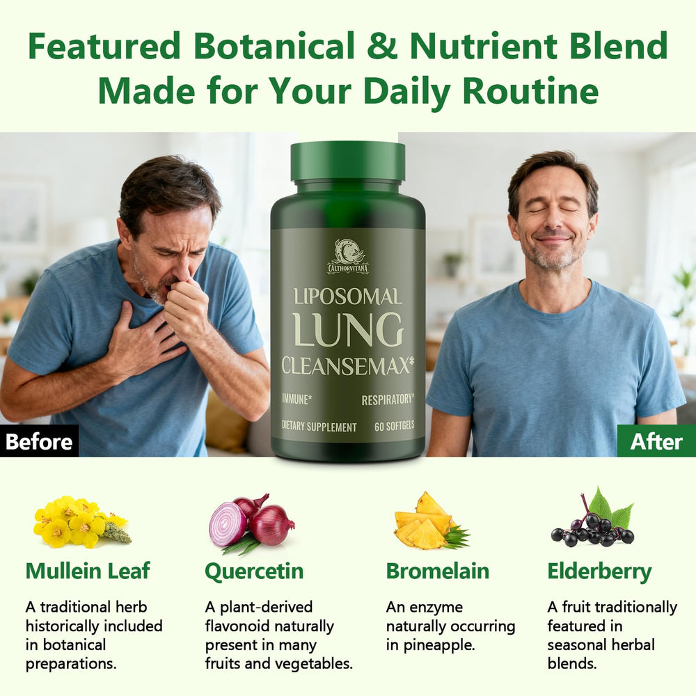 C Calthorvitana Liposomal Lung Cleansemax ingredients chart — synergistic fusion of herbs and vitamins.