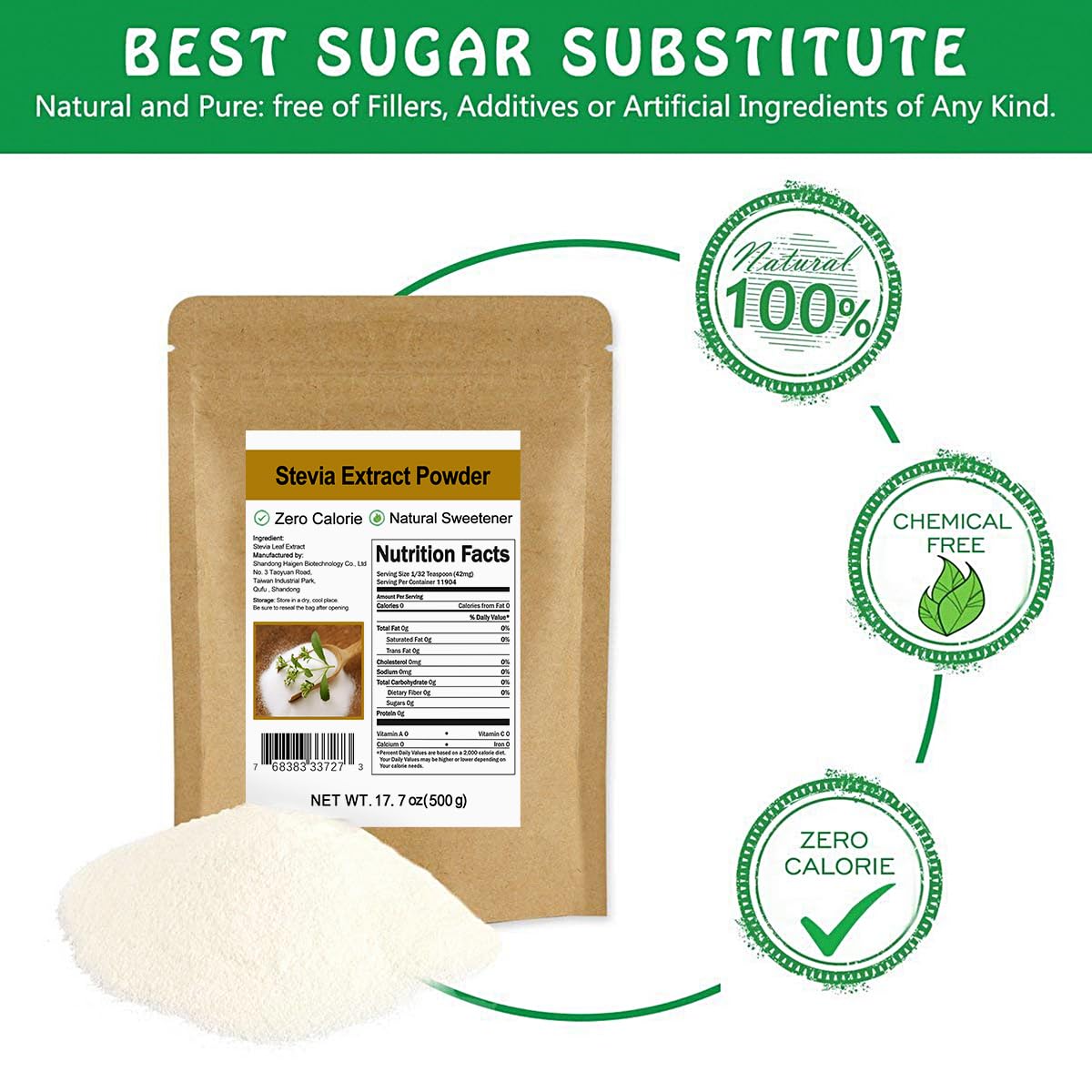 CCnature Stevia powder with measuring scoop for precise, sugar-free baking.