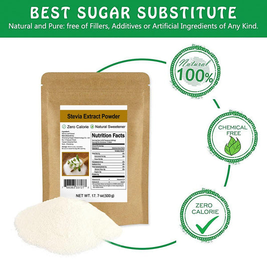 CCnature Stevia powder with measuring scoop for precise, sugar-free baking.