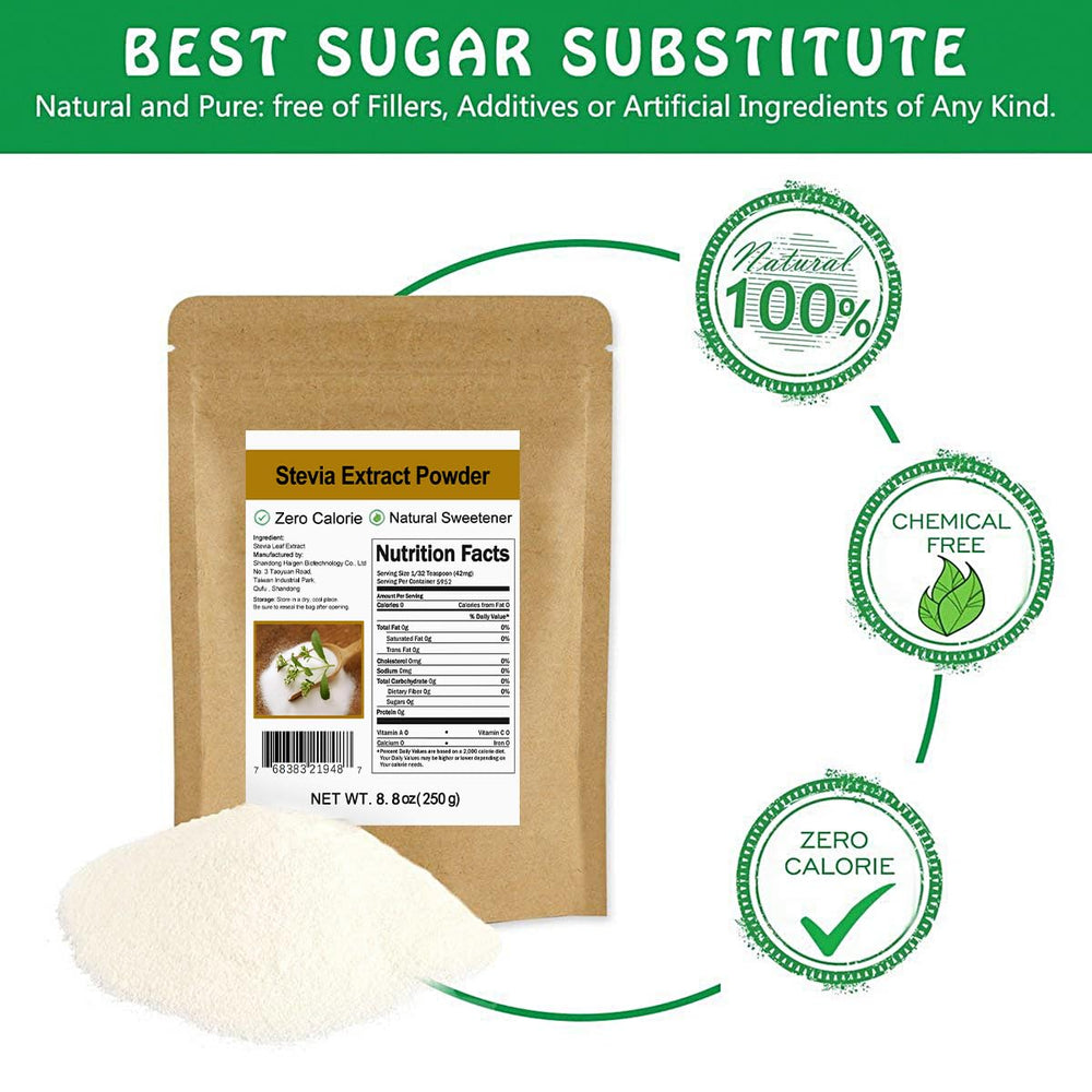 CCnature stevia powder scoop showing precise, zero-calorie sweetness.