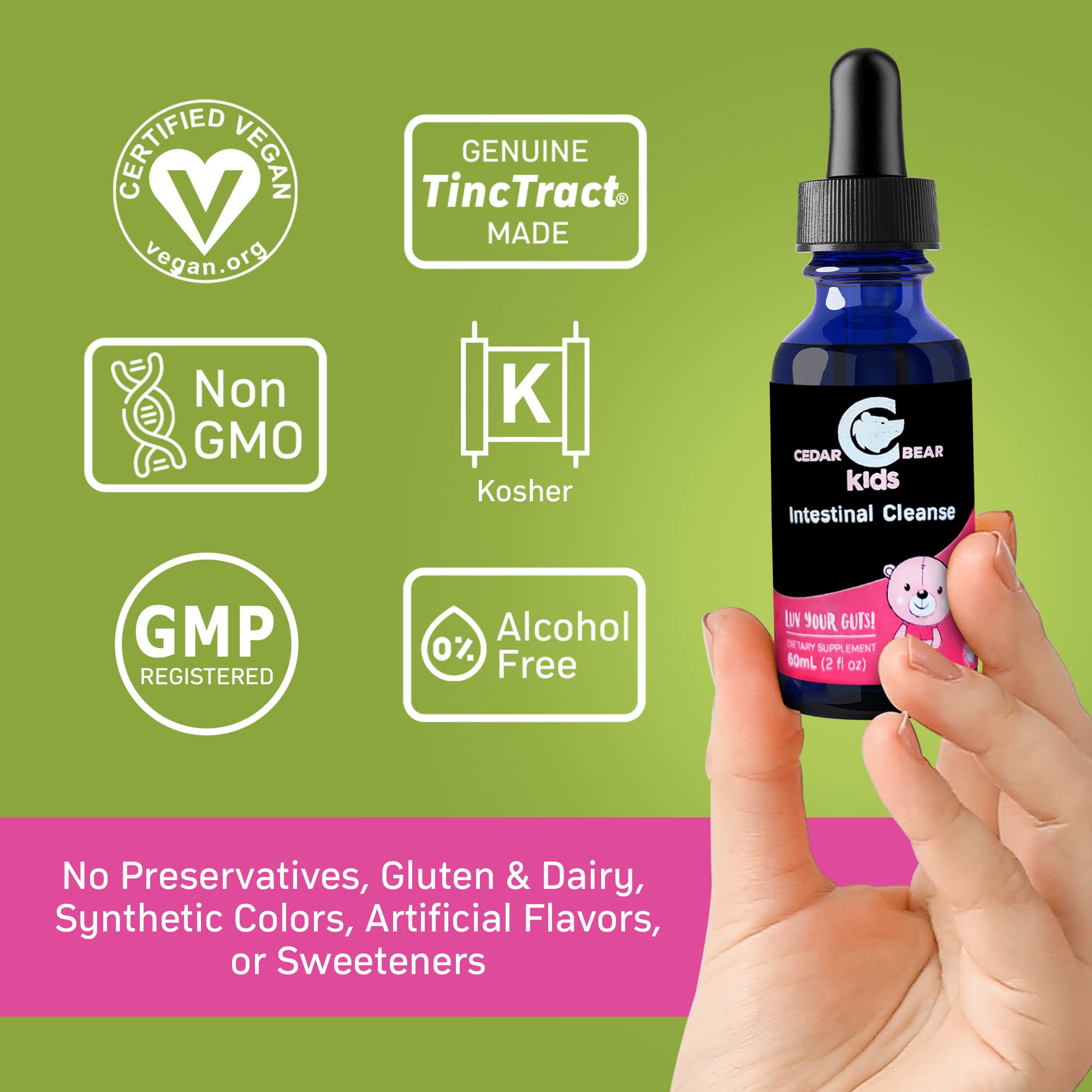 Cedar Bear cleanse label shows alcohol-free, plant-based formula suitable for sensitive diets.