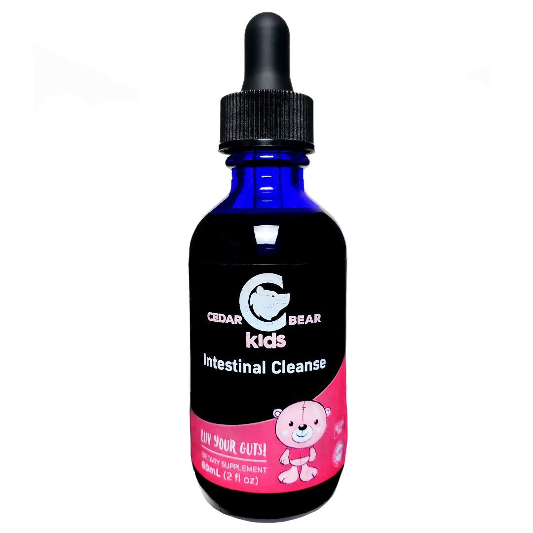 Cedar Bear Intestinal Cleanse for Kids bottle pour enables gentle, easy dosing for children.