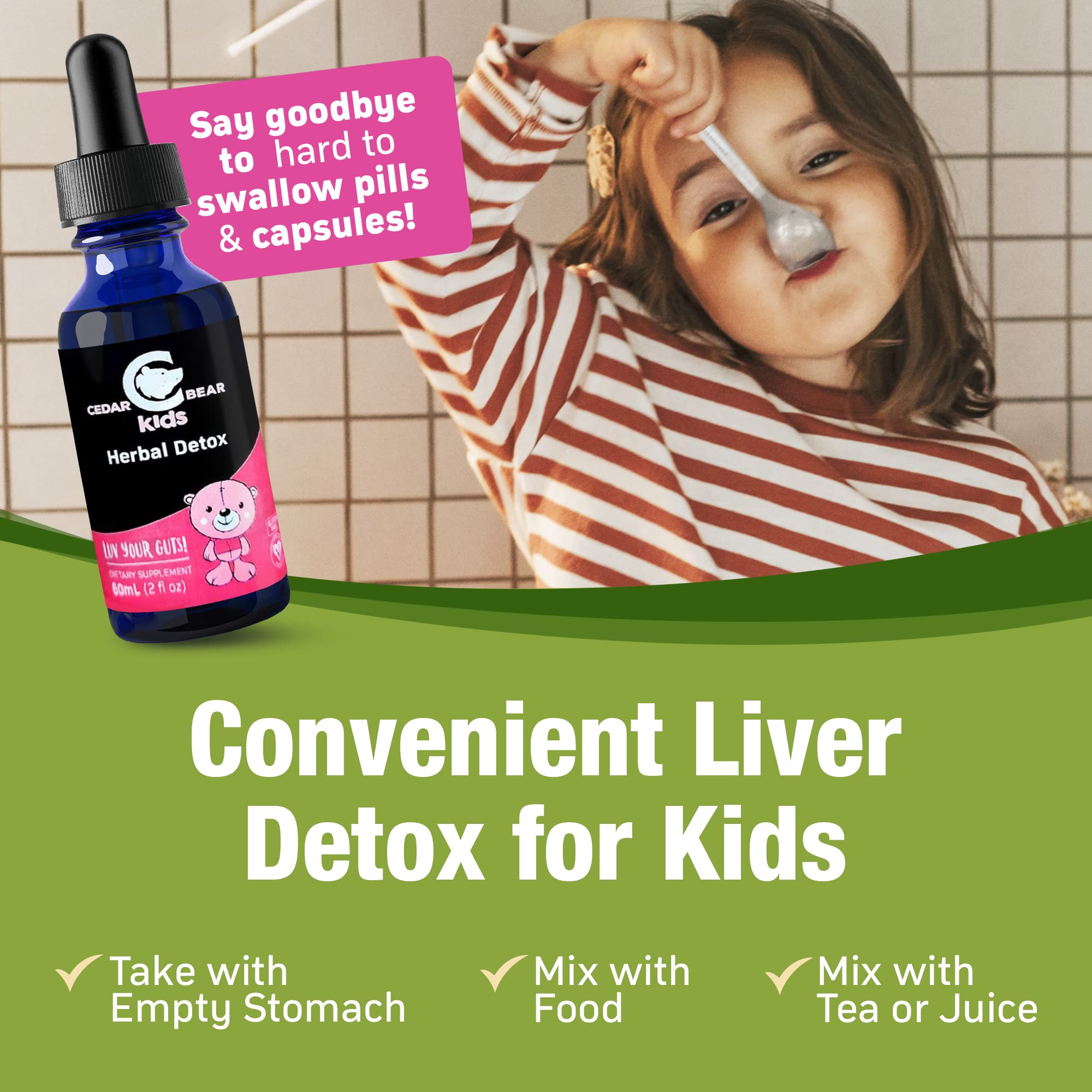 Daily-use Cedar Bear Naturales Herbal Detox for Kids bottle ready for daily dosing