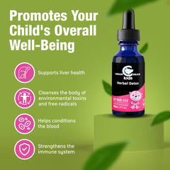 Close-up of Cedar Bear Naturales Herbal Detox for Kids label highlighting natural ingredients