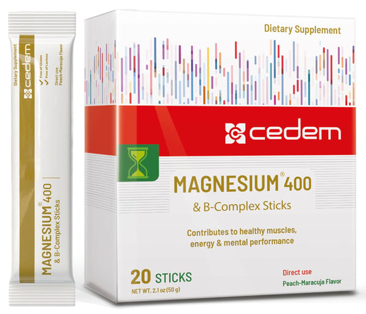 CEDEM magnesium 400mg sticks peach-packfront for on-the-go wellness