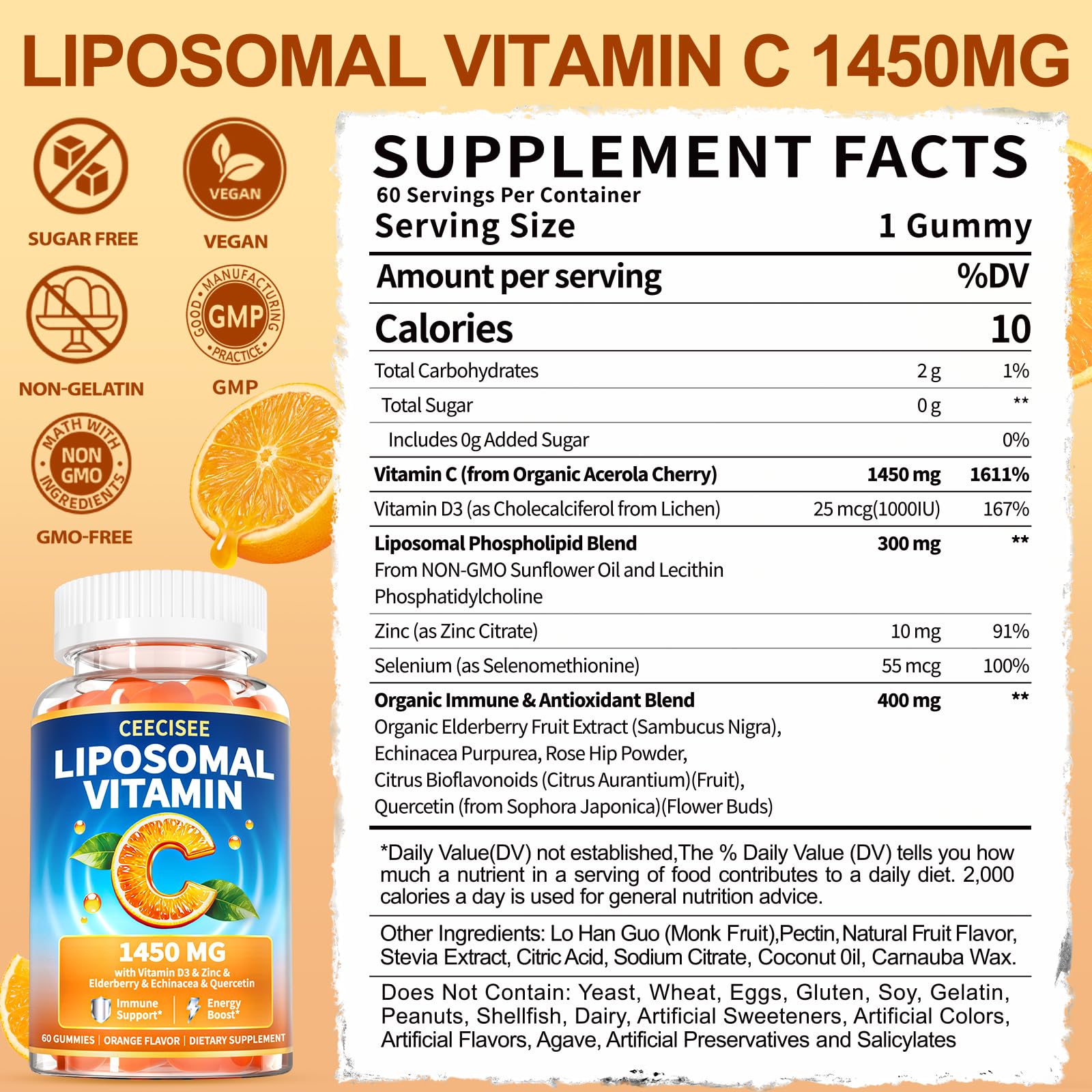 Ceecisee gummy texture closeup highlights chewy, sugar-free orange vitamin C.