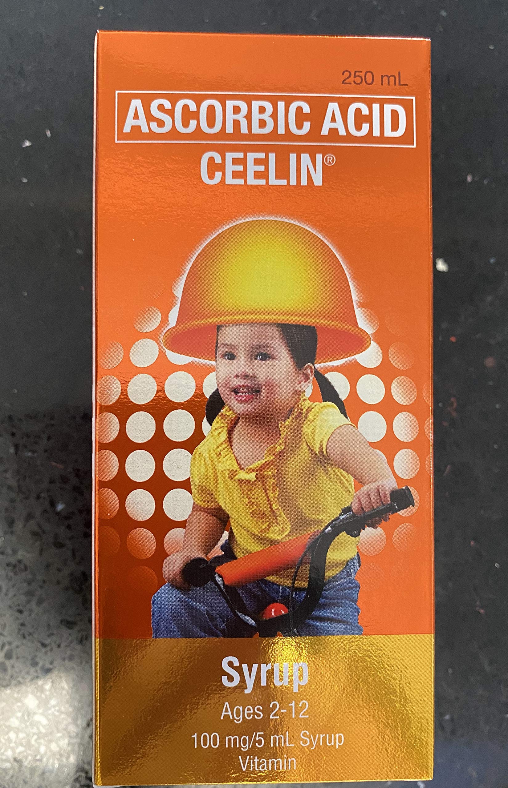 Ceelin vitamin C syrup bottle featuring kid-friendly orange flavor and immune support.