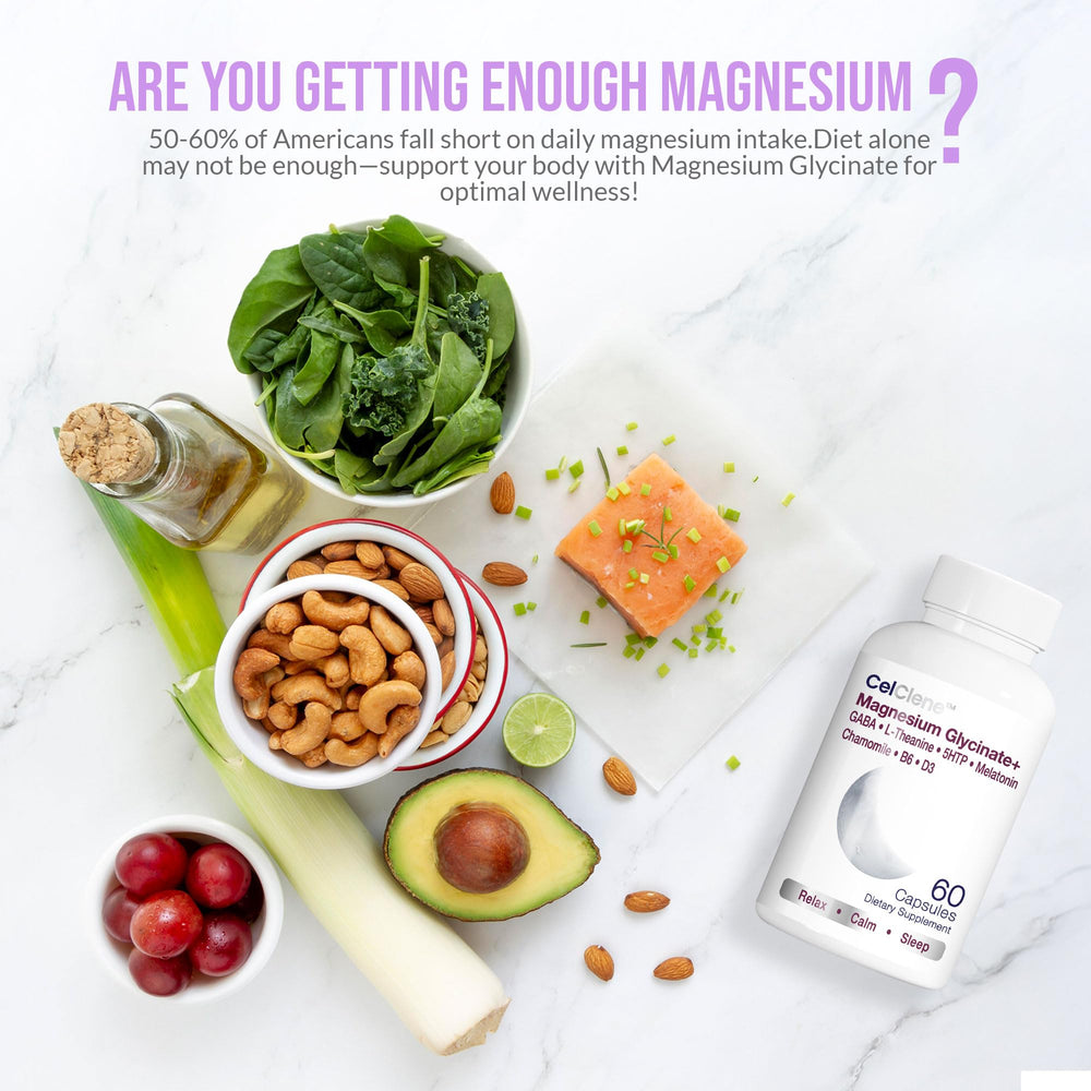 CELCLENE ingredient icons illustrating magnesium glycinate and co-nutrients.
