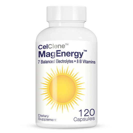 CELCLENE MagEnergy bottle label highlights electrolytes and vitamins for daily hydration