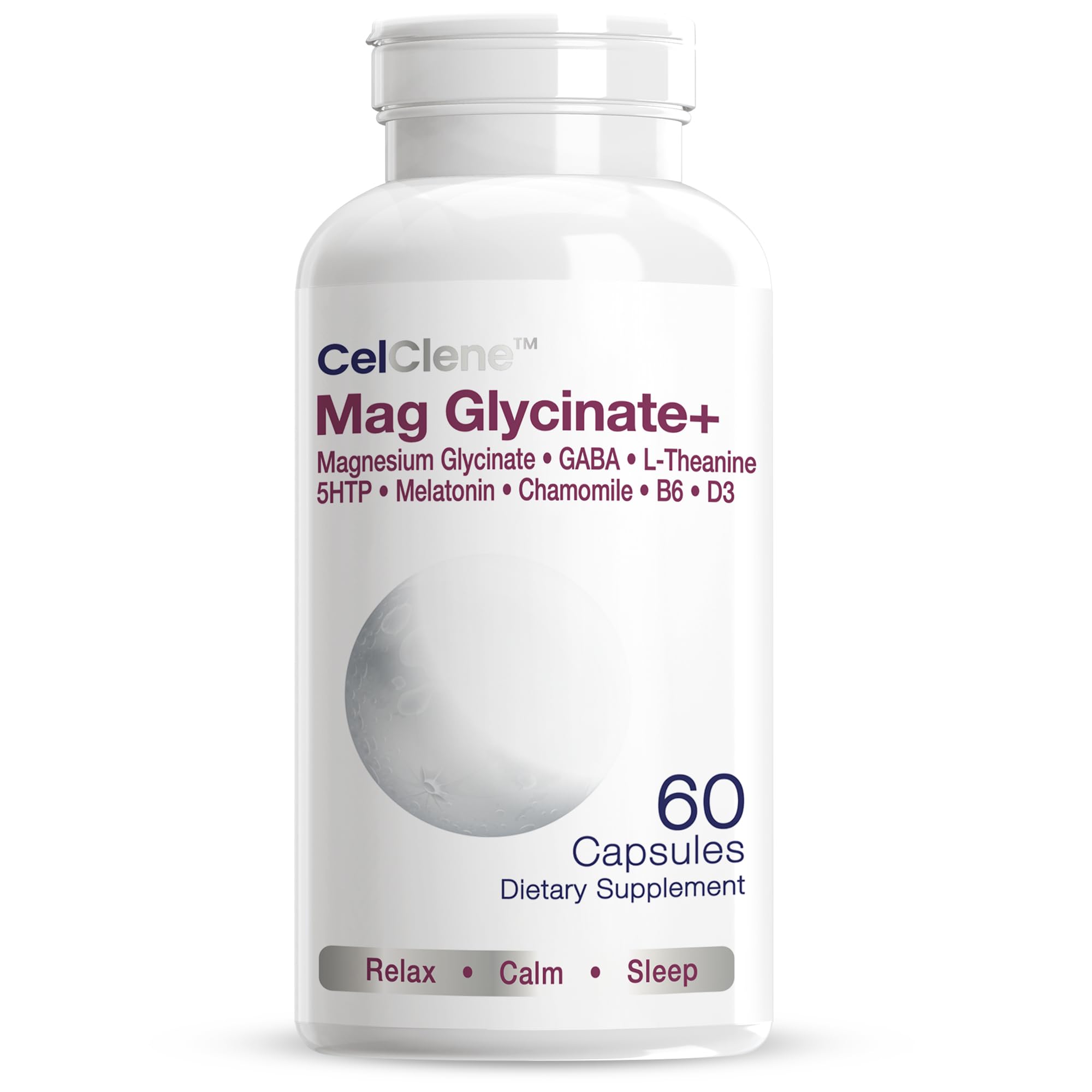 CELCLENE Magnesium Glycinate bottle supports calm mood and restful sleep.