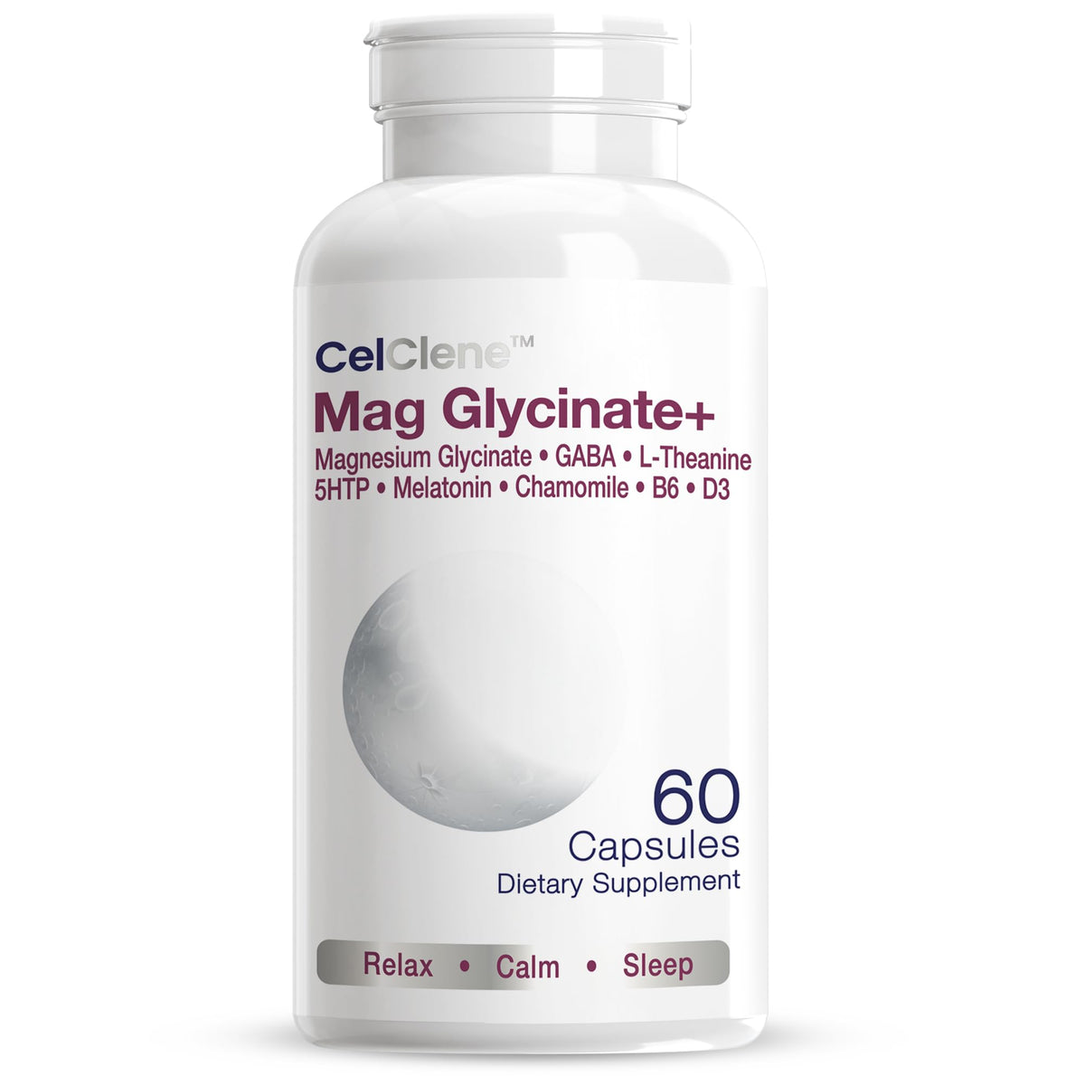 CELCLENE Magnesium Glycinate bottle supports calm mood and restful sleep.