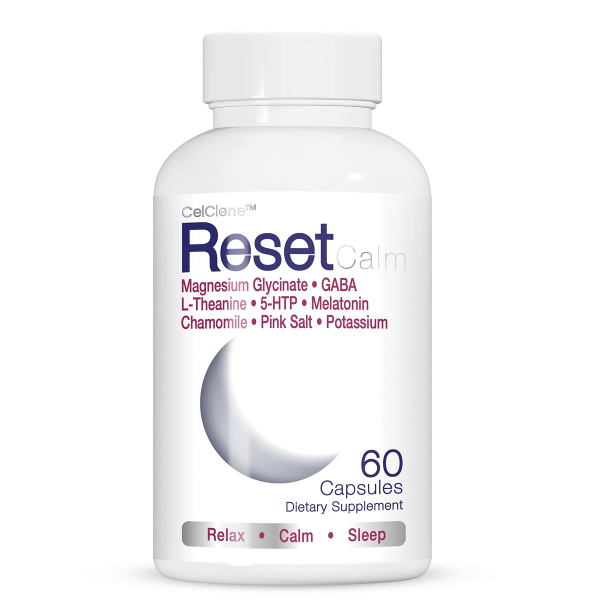 CELCLENE ResetCalm Night bottle front view for calming evenings and relaxed muscles.