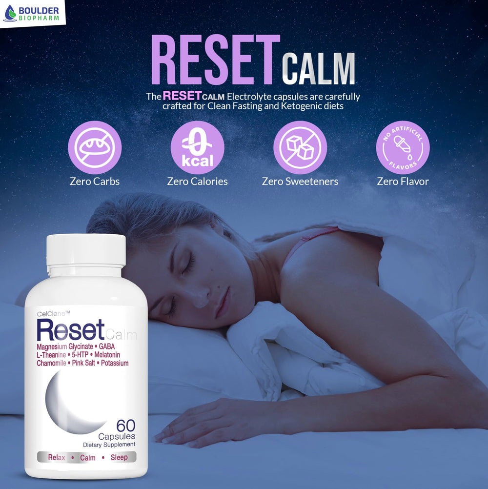 CELCLENE ResetCalm Night capsules close-up emphasizing non-GMO vegan formula.