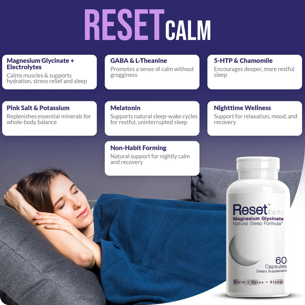 CELCLENE ResetCalm Night ingredients close-up highlighting magnesium, chamomile, and melatonin benefits.