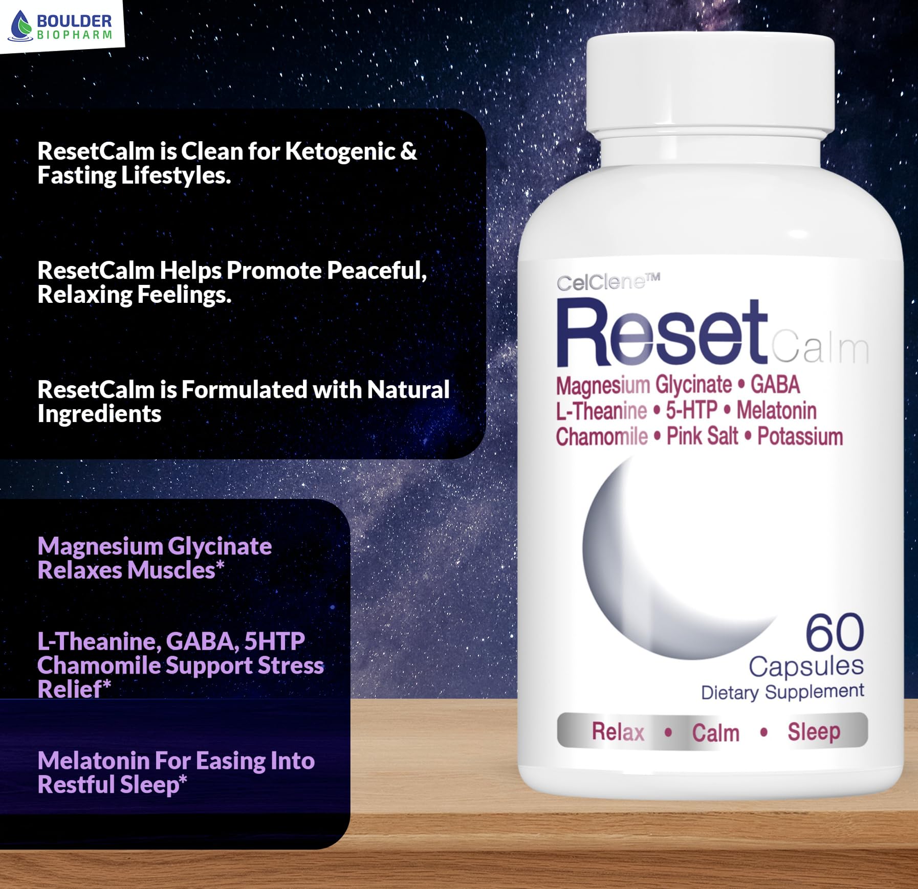 CELCLENE ResetCalm Night packaging label shown for trust and clarity.